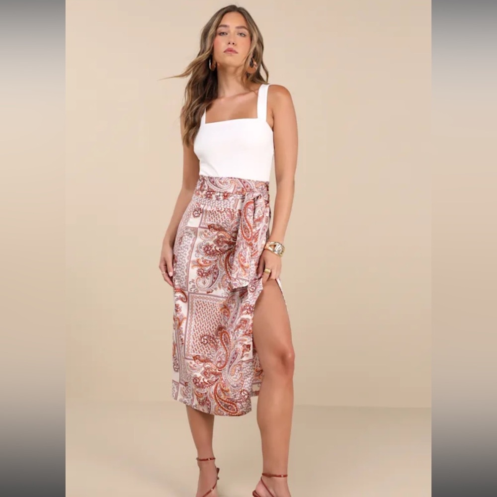 Take A Walk With Me Rust Paisley Print Satin Wrap Midi Skirt